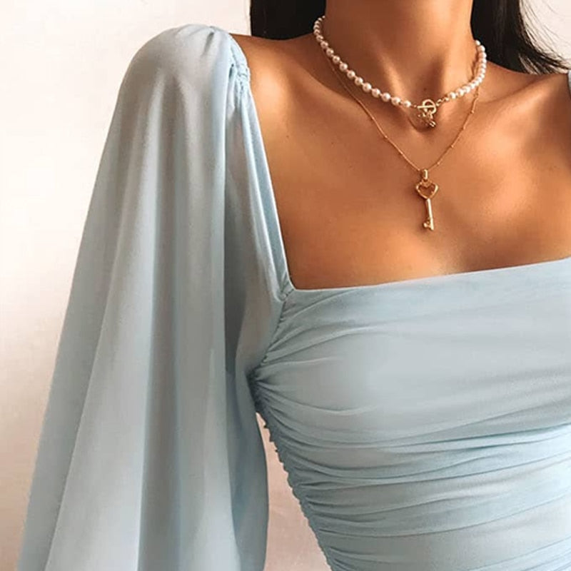 Stretch Mini Dress for Women with Ruffles and Square Neckline