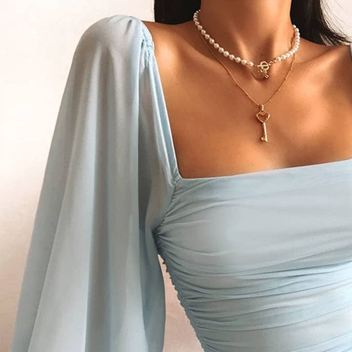 Stretch Mini Dress for Women with Ruffles and Square Neckline