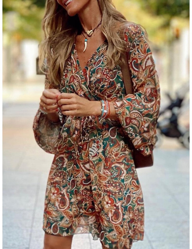 Summer Boho Mini Dress for Women with Long Sleeves and V-Neck