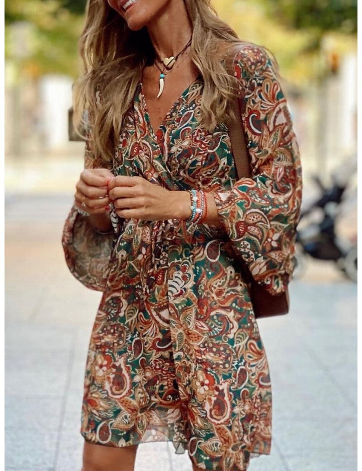 Summer Boho Mini Dress for Women with Long Sleeves and V-Neck