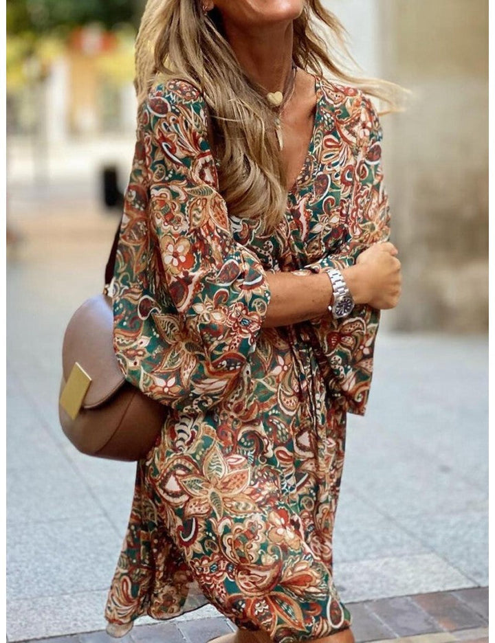 Summer Boho Mini Dress for Women with Long Sleeves and V-Neck
