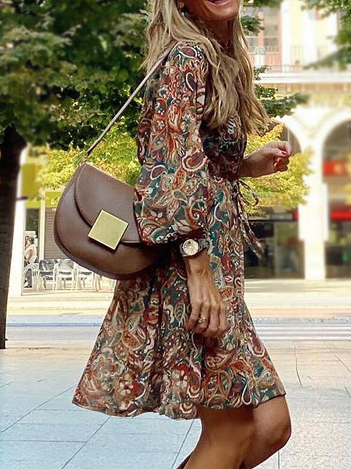 Summer Boho Mini Dress for Women with Long Sleeves and V-Neck