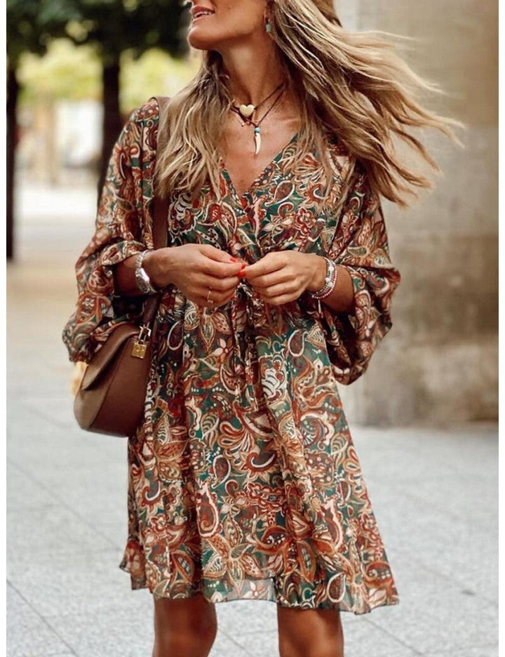 Summer Boho Mini Dress for Women with Long Sleeves and V-Neck