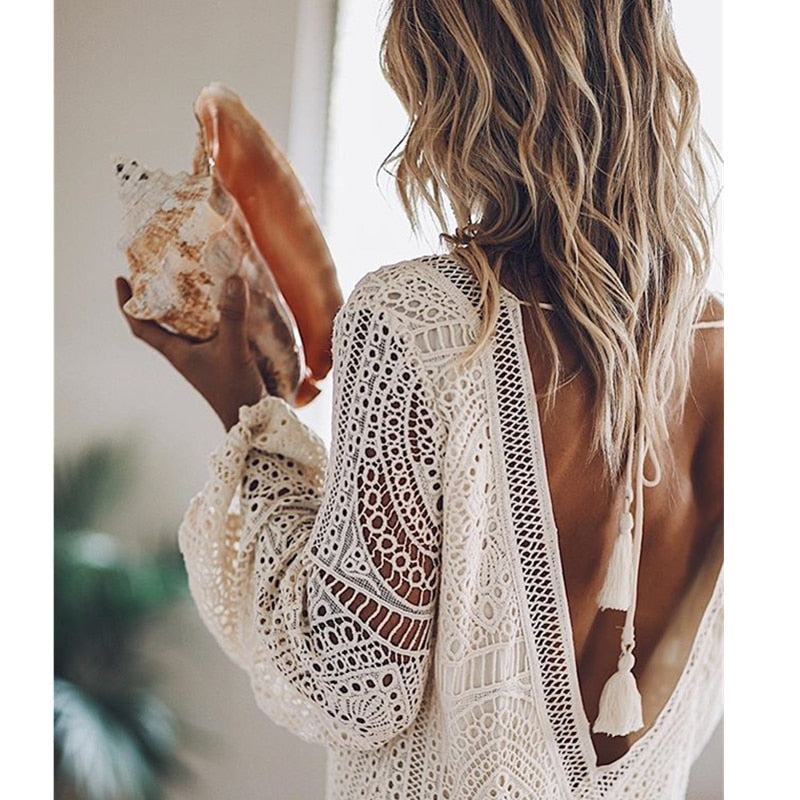 Airy White Boho Summer Mini Dress for Women with Lace and Open Back