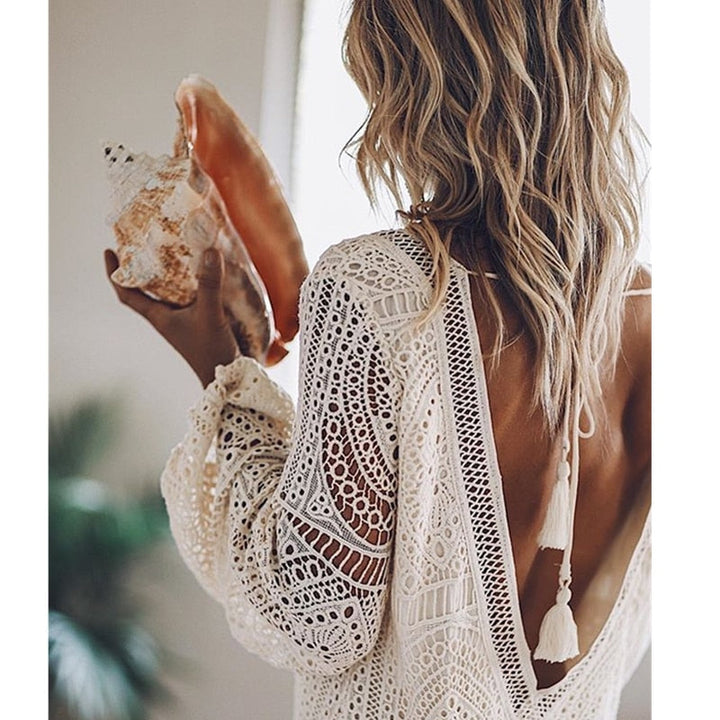 Airy White Boho Summer Mini Dress for Women with Lace and Open Back
