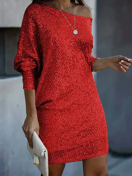 Luxury Women's Glitter Party Dress With Long Sleeves And Off Shoulder