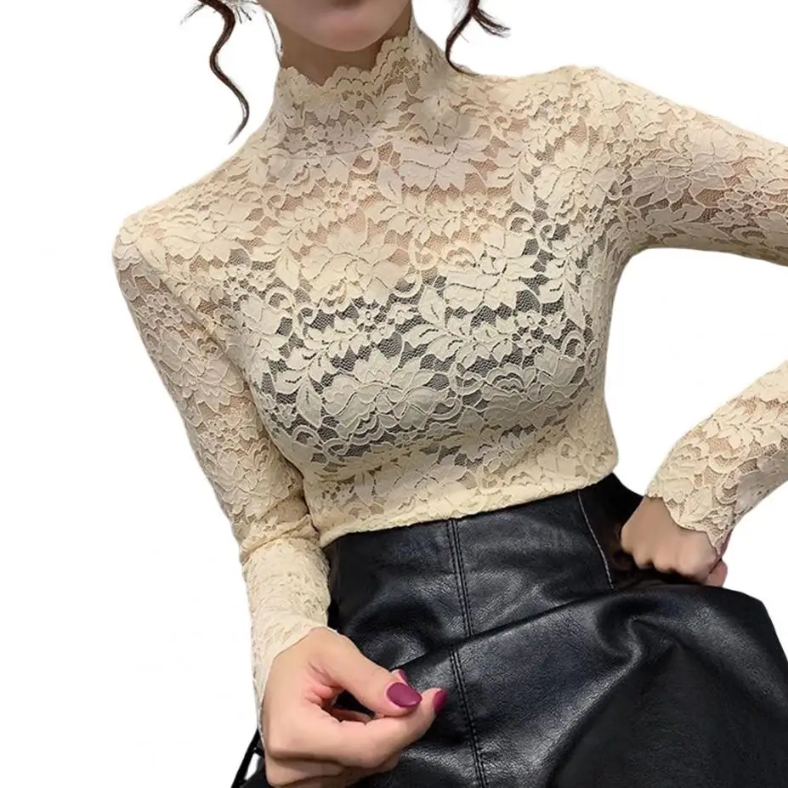 Stylish Women's Lace Blouse with Collar and Long Sleeves