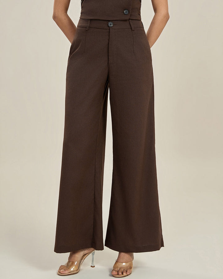 Stylish Women's Brown Trousers with High Waist and Button Closure