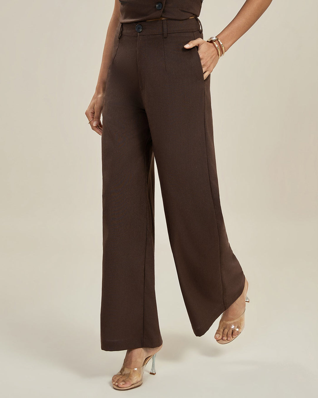 Stylish Women's Brown Trousers with High Waist and Button Closure