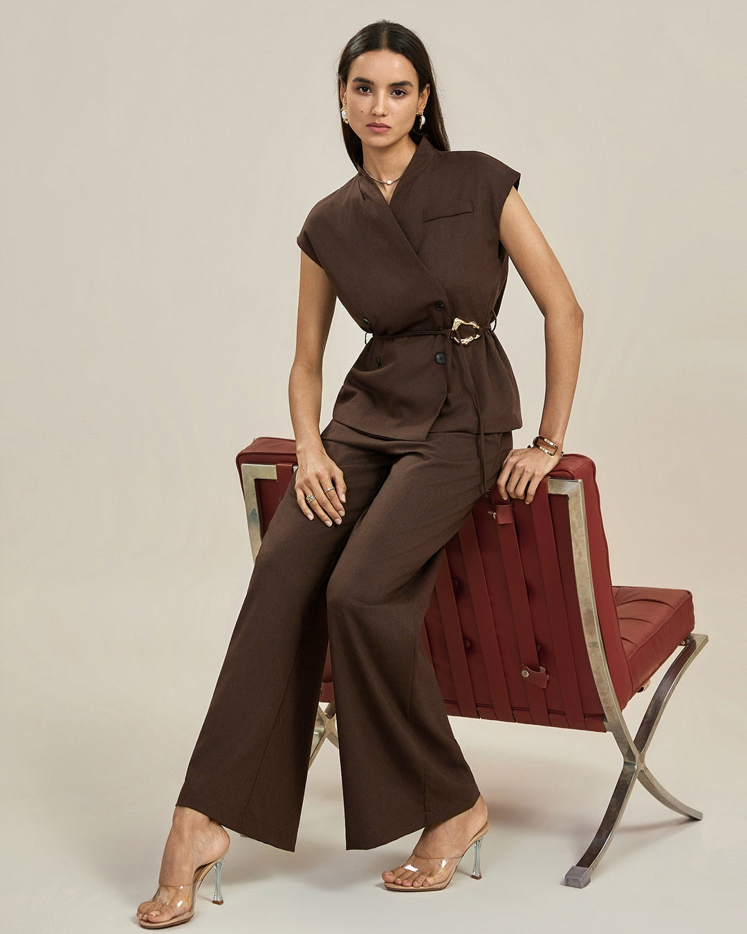 Stylish Women's Brown Trousers with High Waist and Button Closure