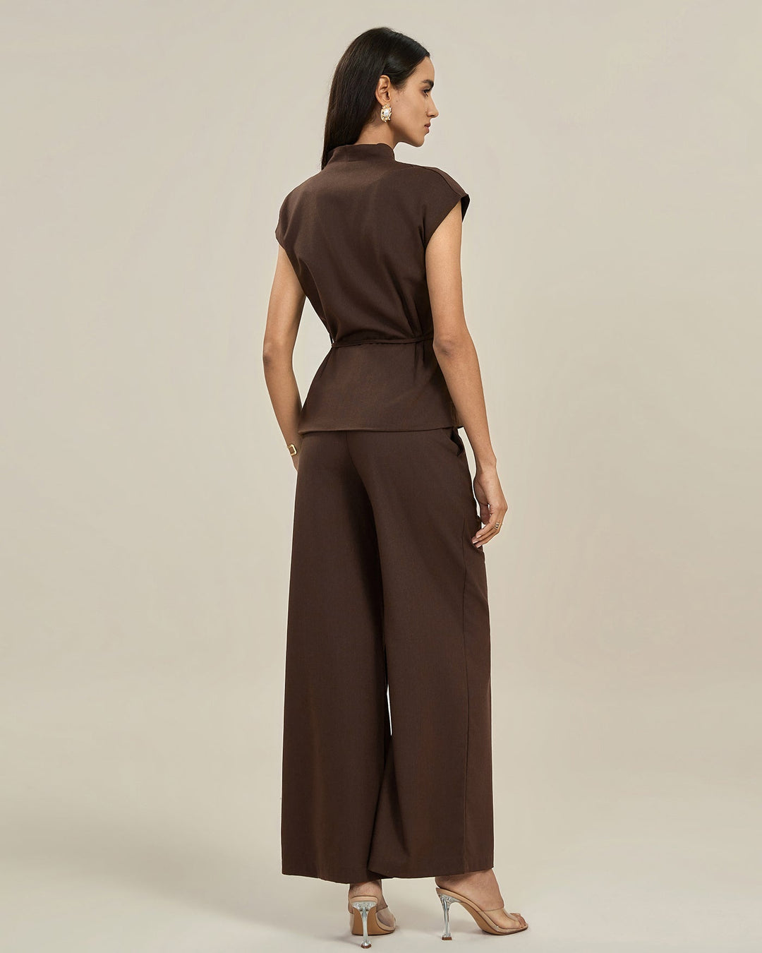 Stylish Women's Brown Trousers with High Waist and Button Closure