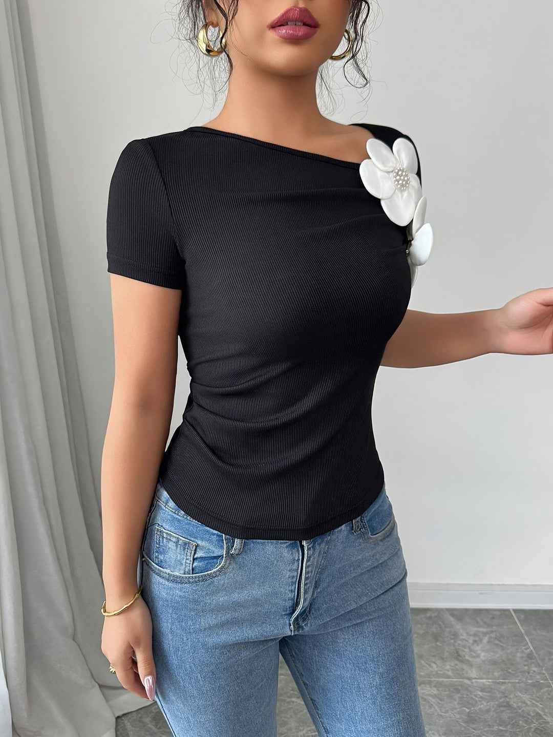 Briyana | Elegant Top with 3D Flower Accent