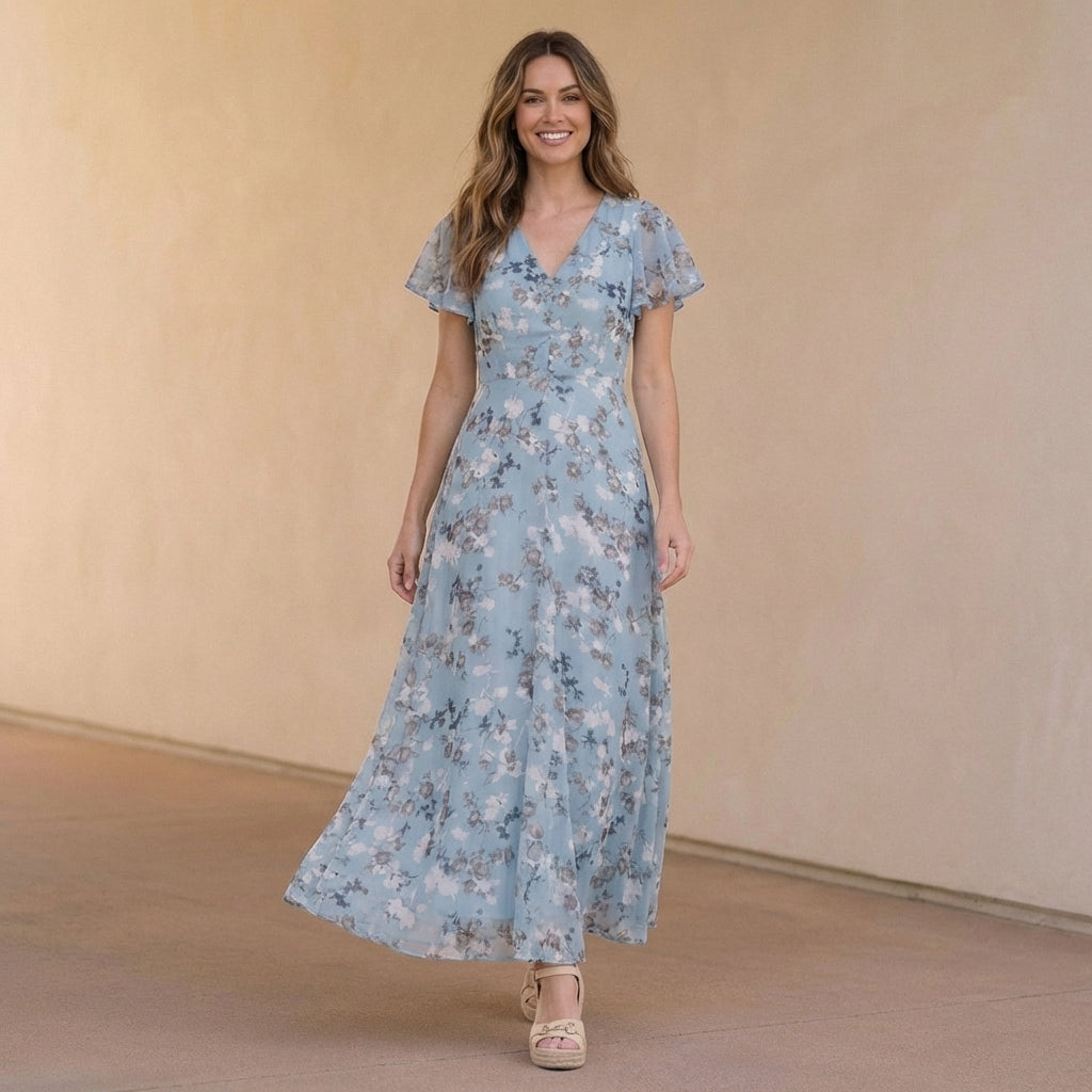 Comfortable Women's A-Line Maxi Dress With Floral Print And V Neck