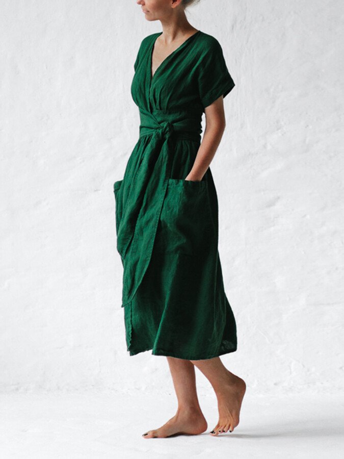 Lynne | Linen wrap dress with waist belt and pockets