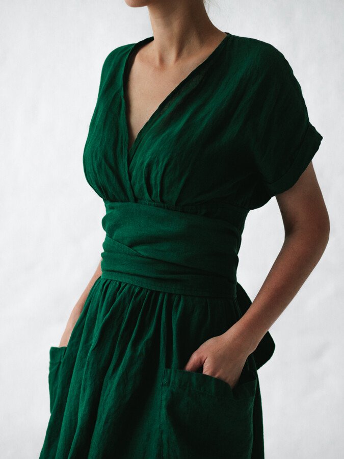 Lynne | Linen wrap dress with waist belt and pockets