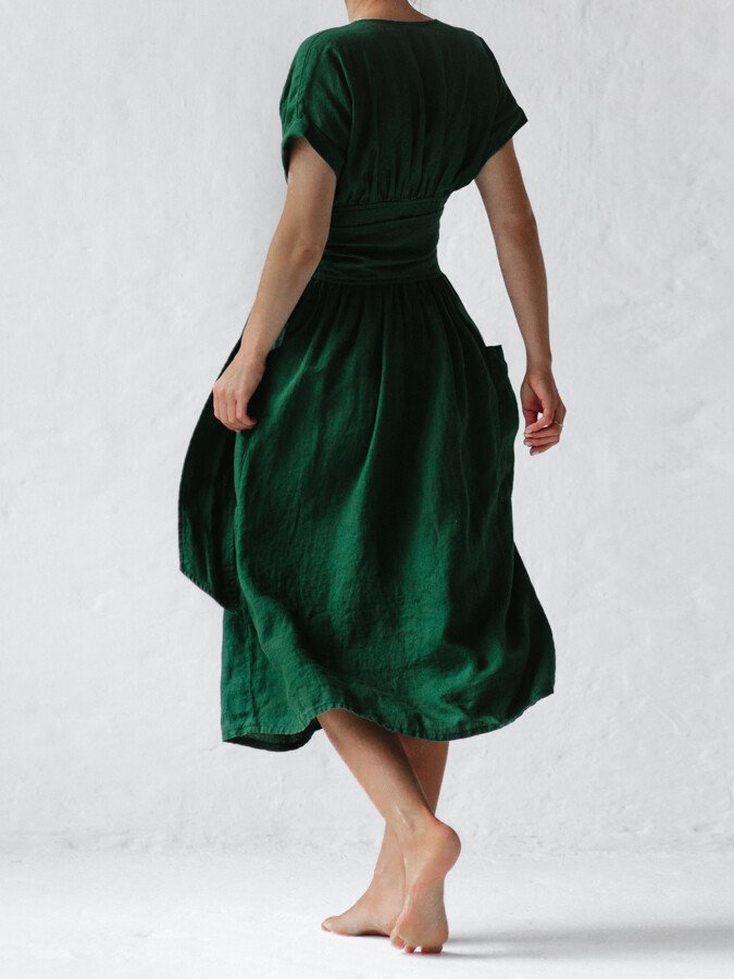 Lynne | Linen wrap dress with waist belt and pockets