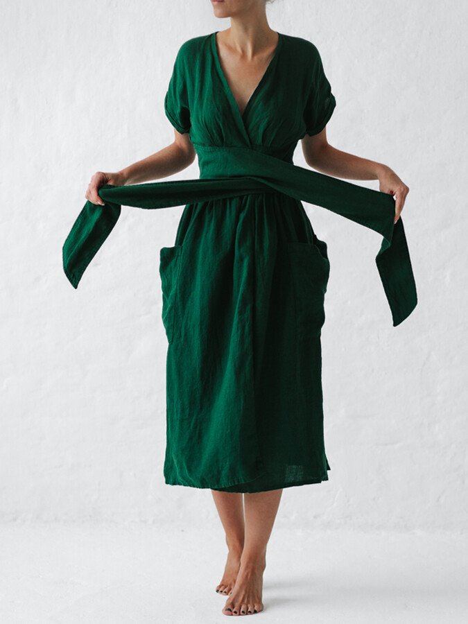 Lynne | Linen wrap dress with waist belt and pockets