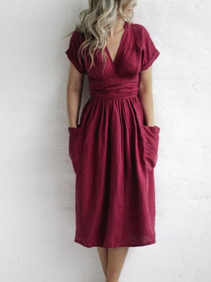Lynne | Linen wrap dress with waist belt and pockets