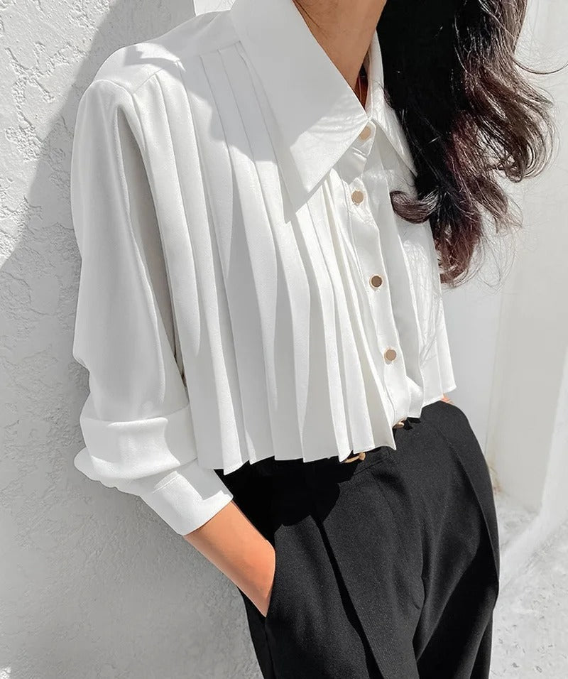 Refined Pleated Women's Blouse with Long Sleeve