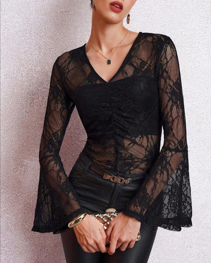 Trendy Black Women's Lace Top with V-Neck and Flared Sleeves