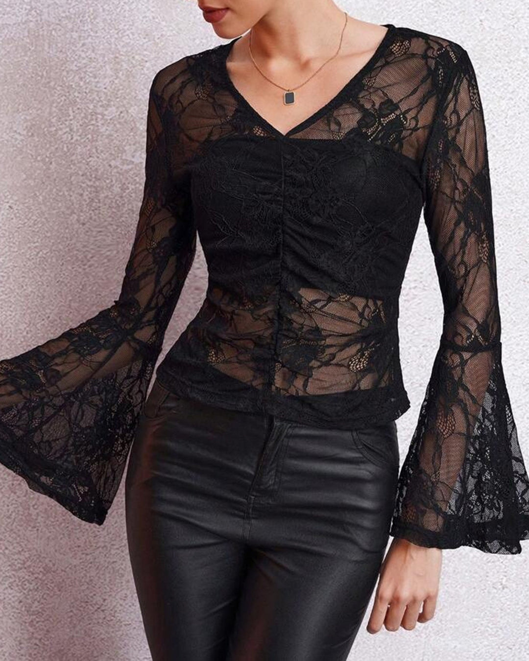 Trendy Black Women's Lace Top with V-Neck and Flared Sleeves