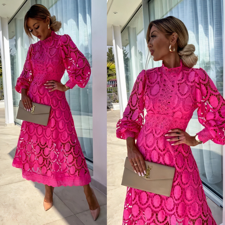 Elegant Lace Midi Dress for Women with Long Sleeves