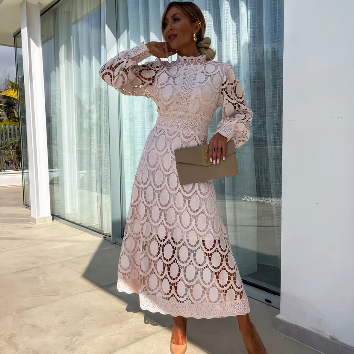 Elegant Lace Midi Dress for Women with Long Sleeves