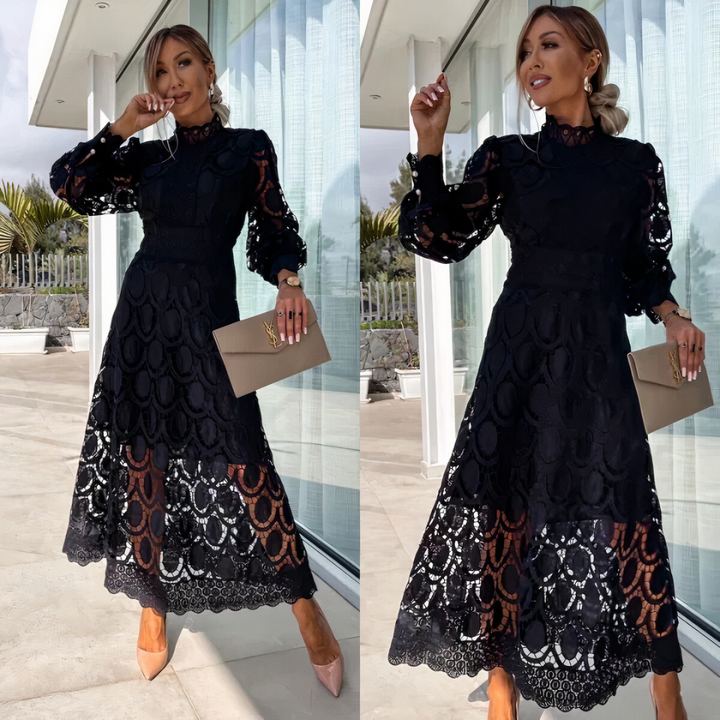 Elegant Lace Midi Dress for Women with Long Sleeves