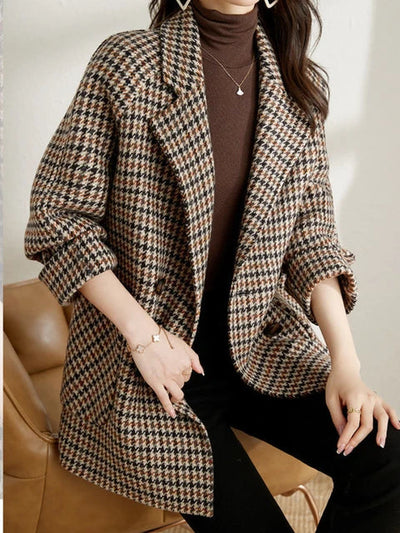 Brown Oversized Luxurious Women's Wool Blend Blazer with Double-Breasted Design