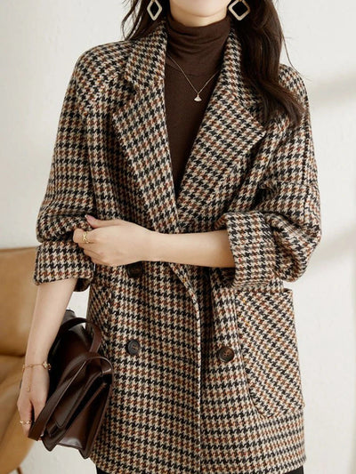 Brown Oversized Luxurious Women's Wool Blend Blazer with Double-Breasted Design