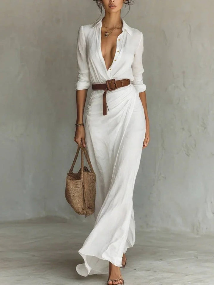 Light Women's Maxi Dress with Collar and Waist Belt