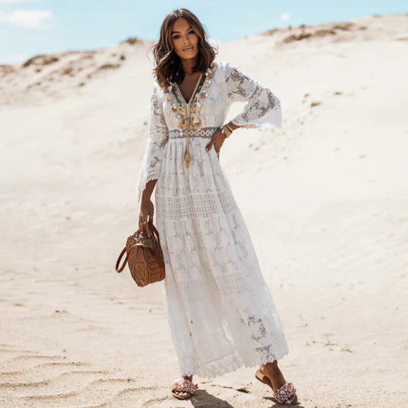 Elegant Women's Beach Maxi Dress With Lace And Long Sleeves