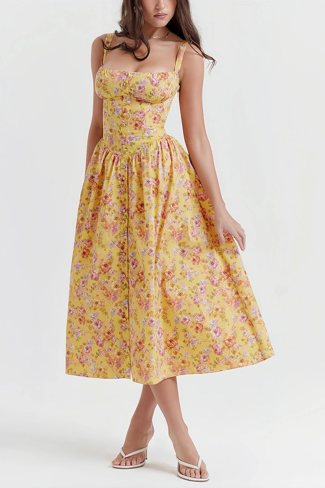 Heni | Summer Midi Dress with Floral Print and Button Detail