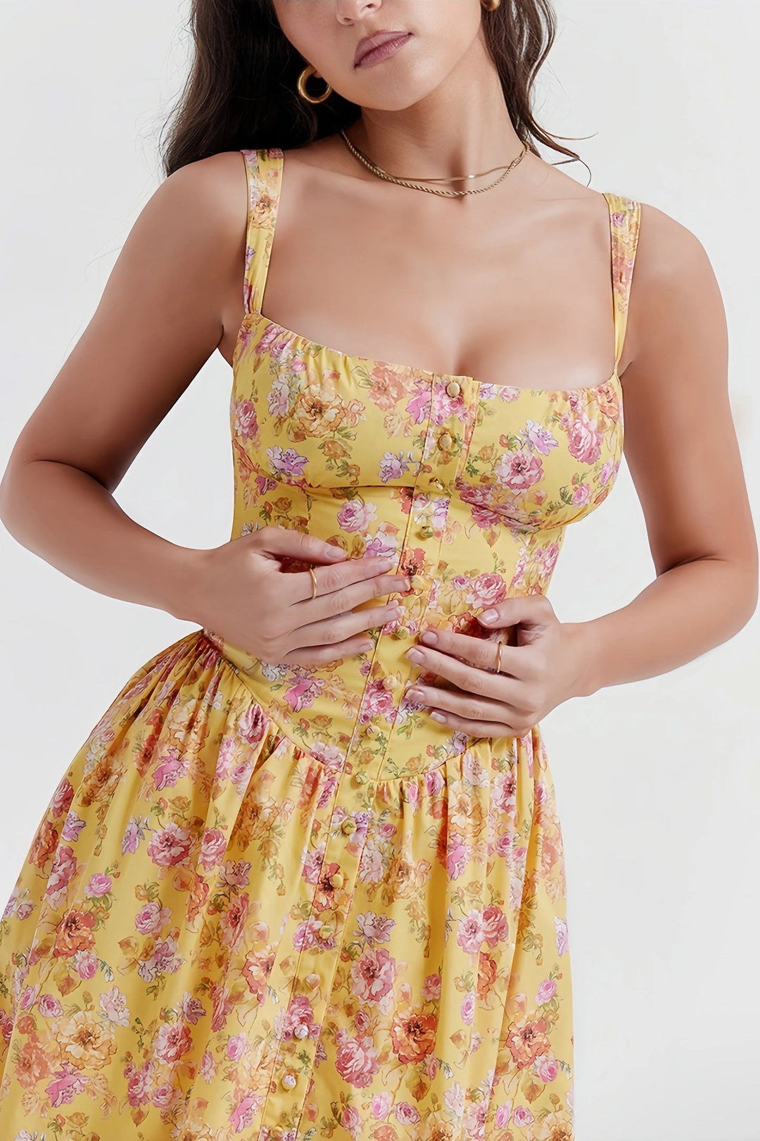 Heni | Summer Midi Dress with Floral Print and Button Detail