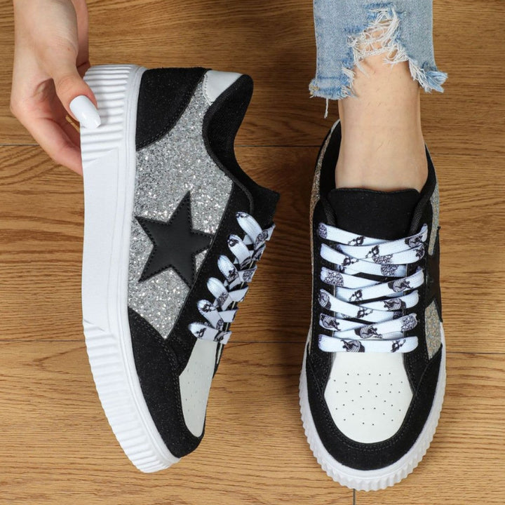 Glitter Sneakers with Star Detail and Platform Sole for Women