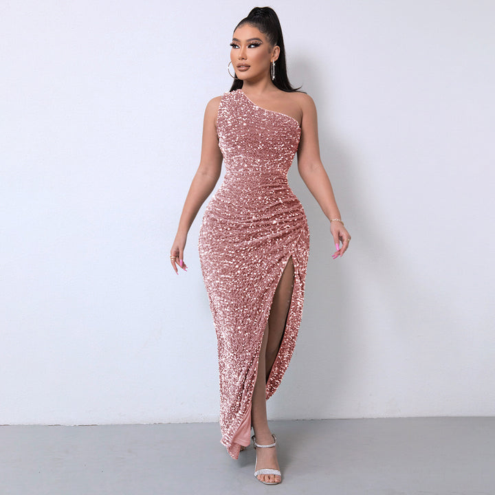 Glittering Women's Gala Maxi Dress with One Shoulder and High Slit