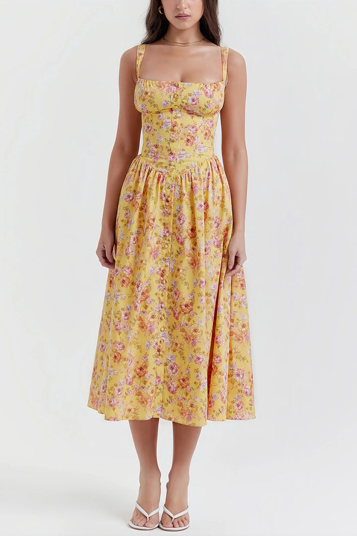 Heni | Summer Midi Dress with Floral Print and Button Detail