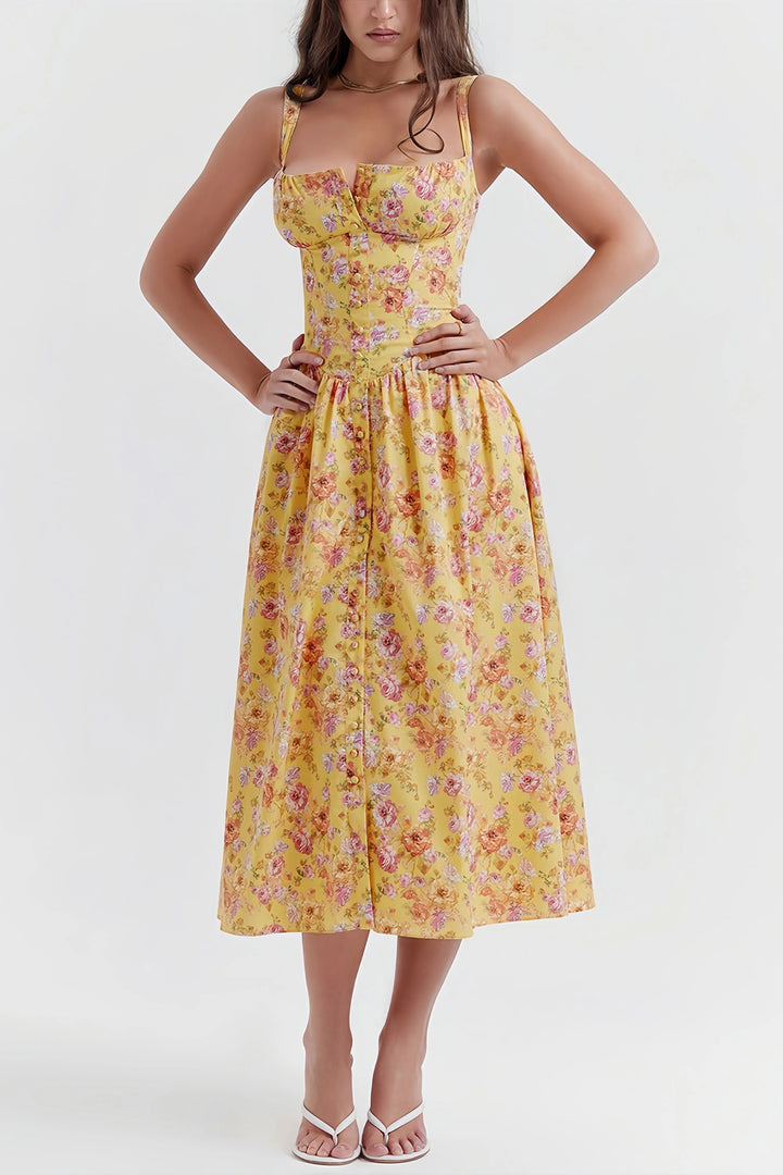 Heni | Summer Midi Dress with Floral Print and Button Detail