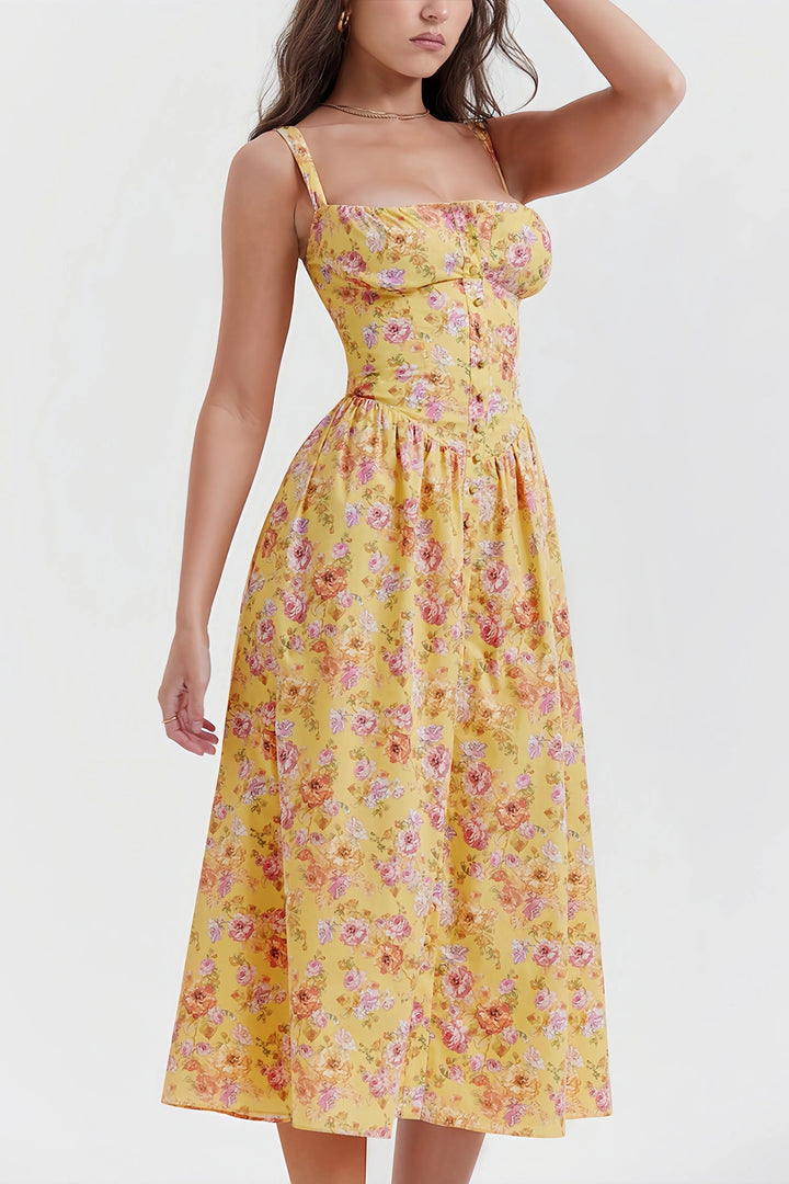 Heni | Summer Midi Dress with Floral Print and Button Detail