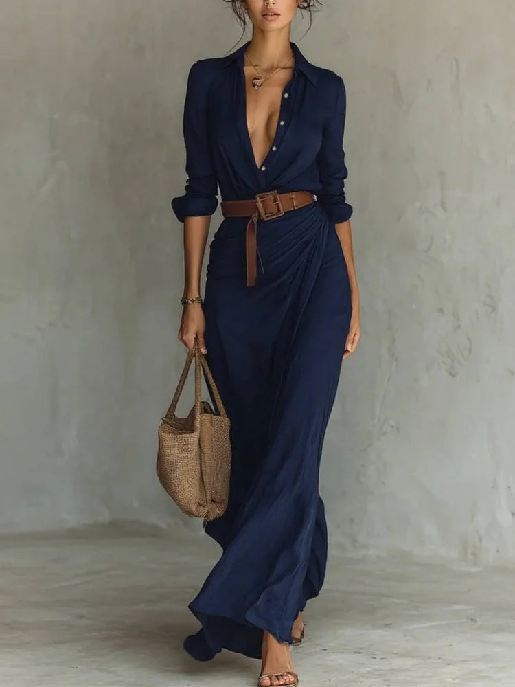 Light Women's Maxi Dress with Collar and Waist Belt