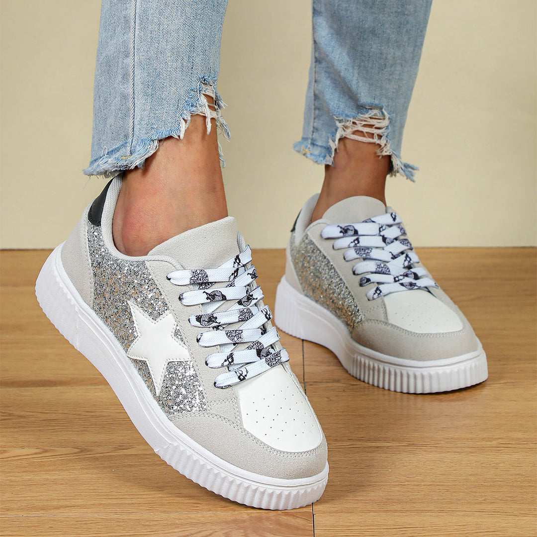 Glitter Sneakers with Star Detail and Platform Sole for Women