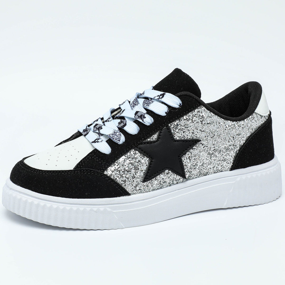 Glitter Sneakers with Star Detail and Platform Sole for Women