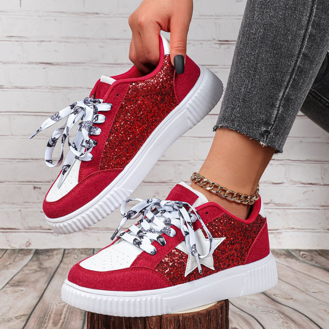 Glitter Sneakers with Star Detail and Platform Sole for Women