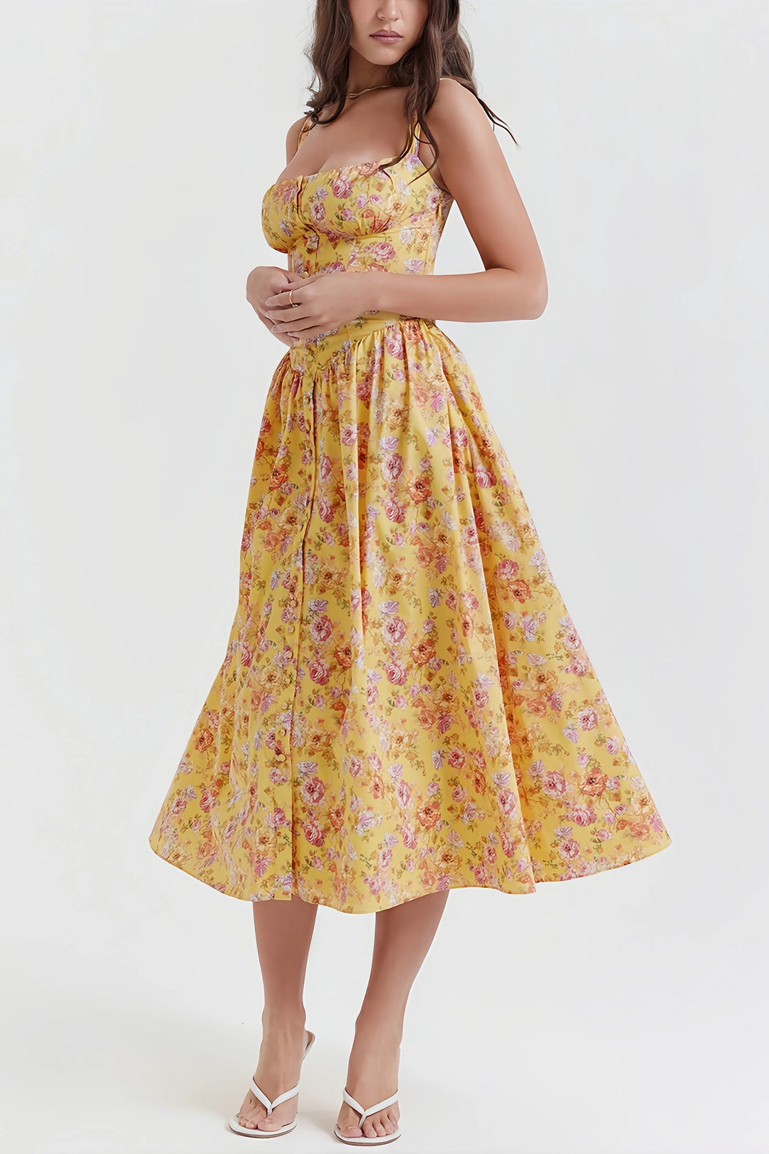 Heni | Summer Midi Dress with Floral Print and Button Detail