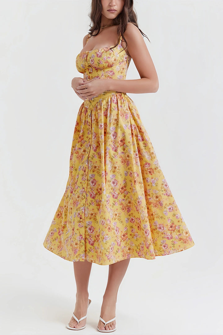 Heni | Summer Midi Dress with Floral Print and Button Detail