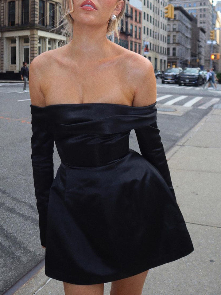 Black Cocktail Mini Dress for Women with Off-Shoulder and Long Sleeves