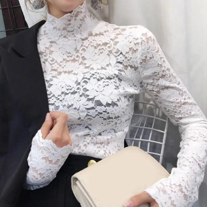 Stylish Women's Lace Blouse with Collar and Long Sleeves