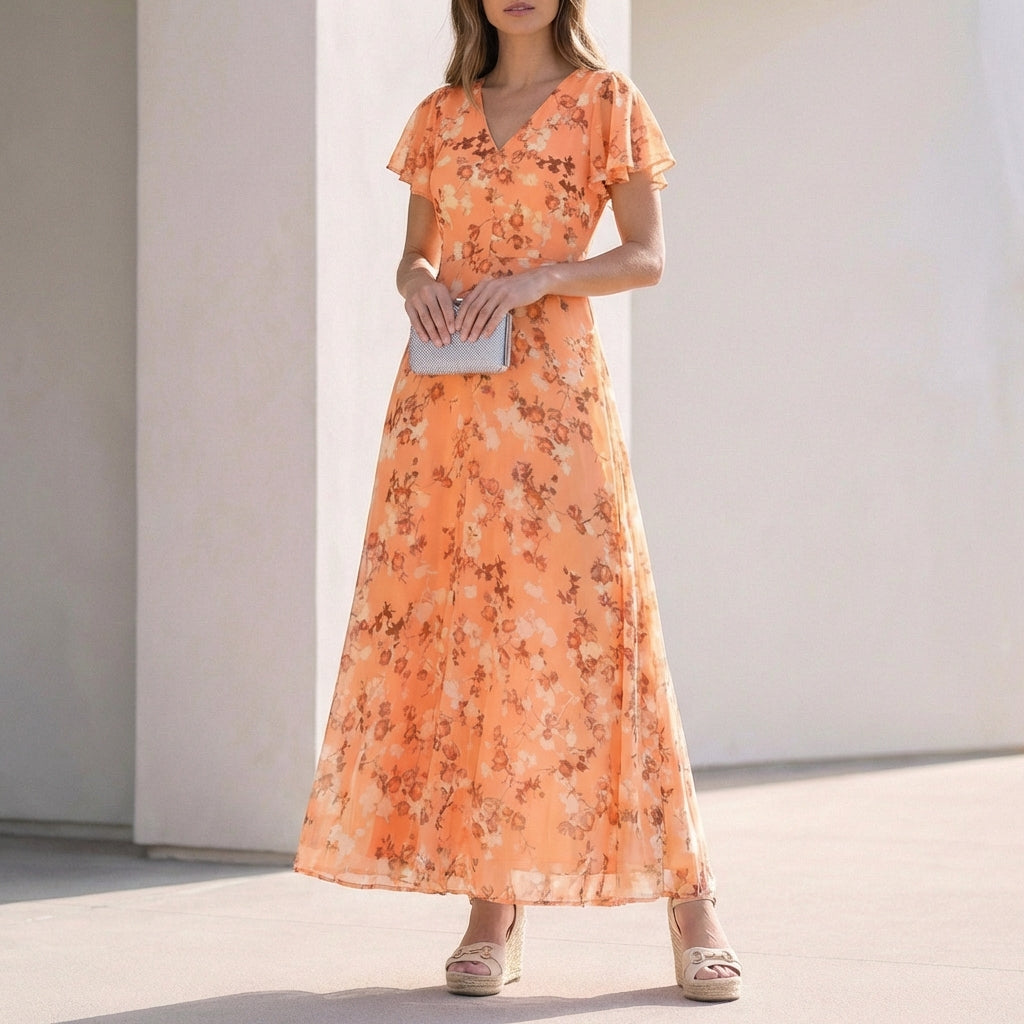 Comfortable Women's A-Line Maxi Dress With Floral Print And V Neck