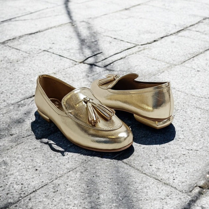 Luxury Gold Women's Loafers with Tassels and Flat Sole