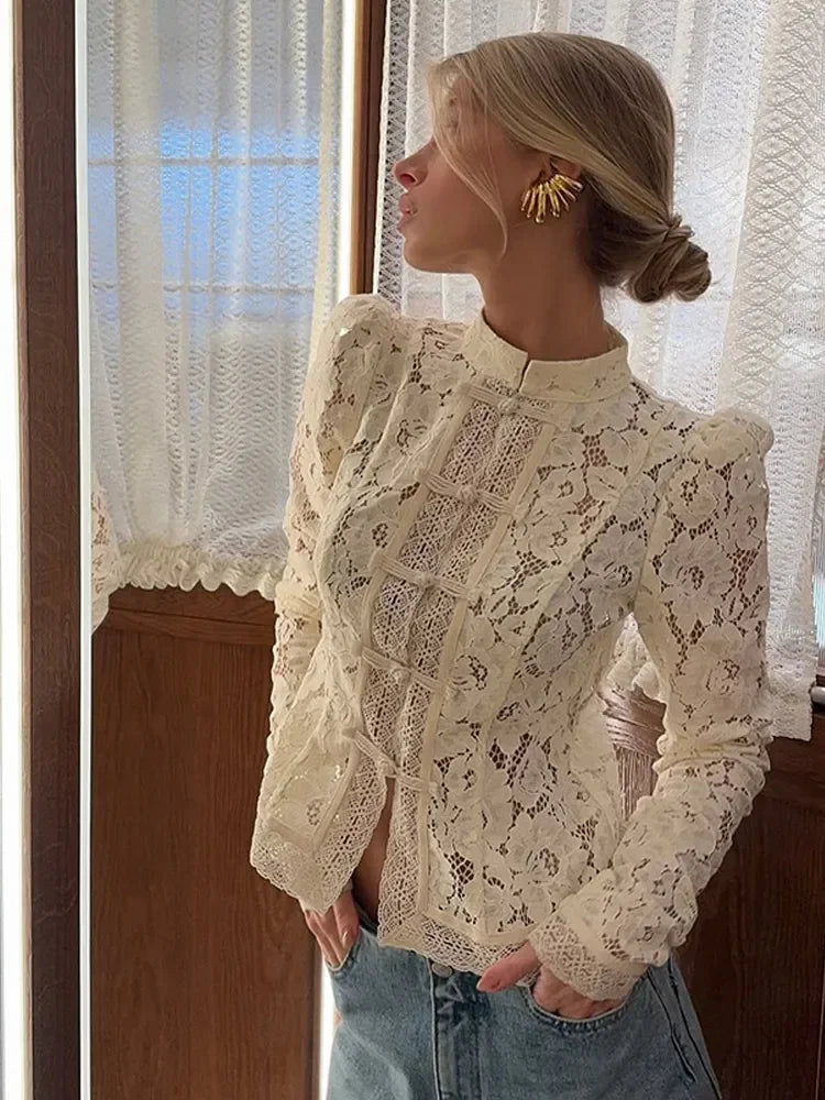 Chic Transparent Women's Lace Blouse with Stand-Up Collar